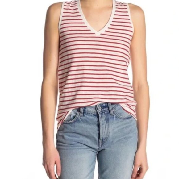 Madewell | Theresa V-Neck Stripe Tank | Red White Shirt | 100% Cotton K7952 | S - Picture 1 of 8